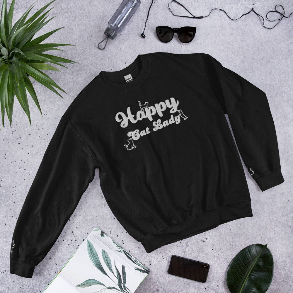 Happy Cat Lady Embroidered Sweatshirt - White Decals