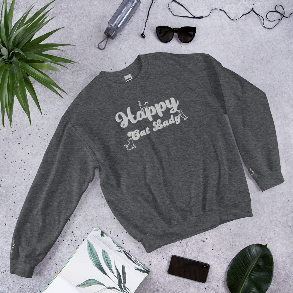 Happy Cat Lady Embroidered Sweatshirt - White Decals
