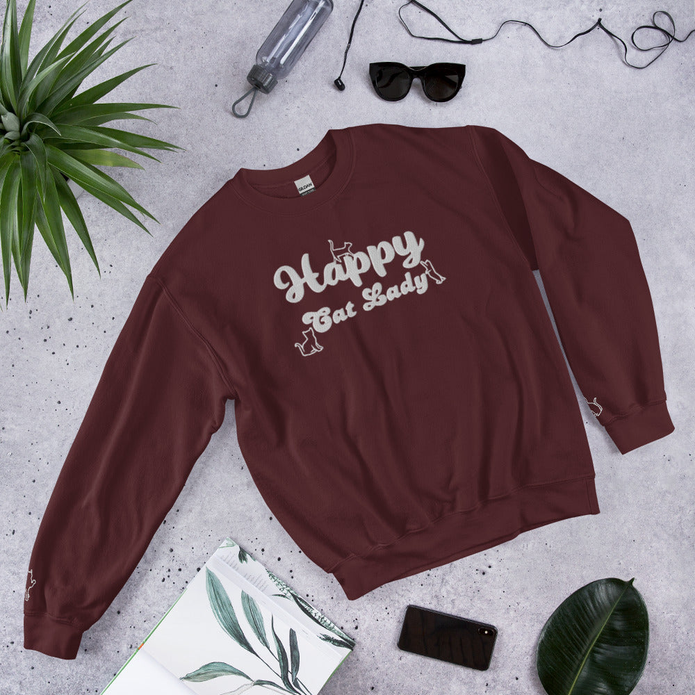 Happy Cat Lady Embroidered Sweatshirt - White Decals