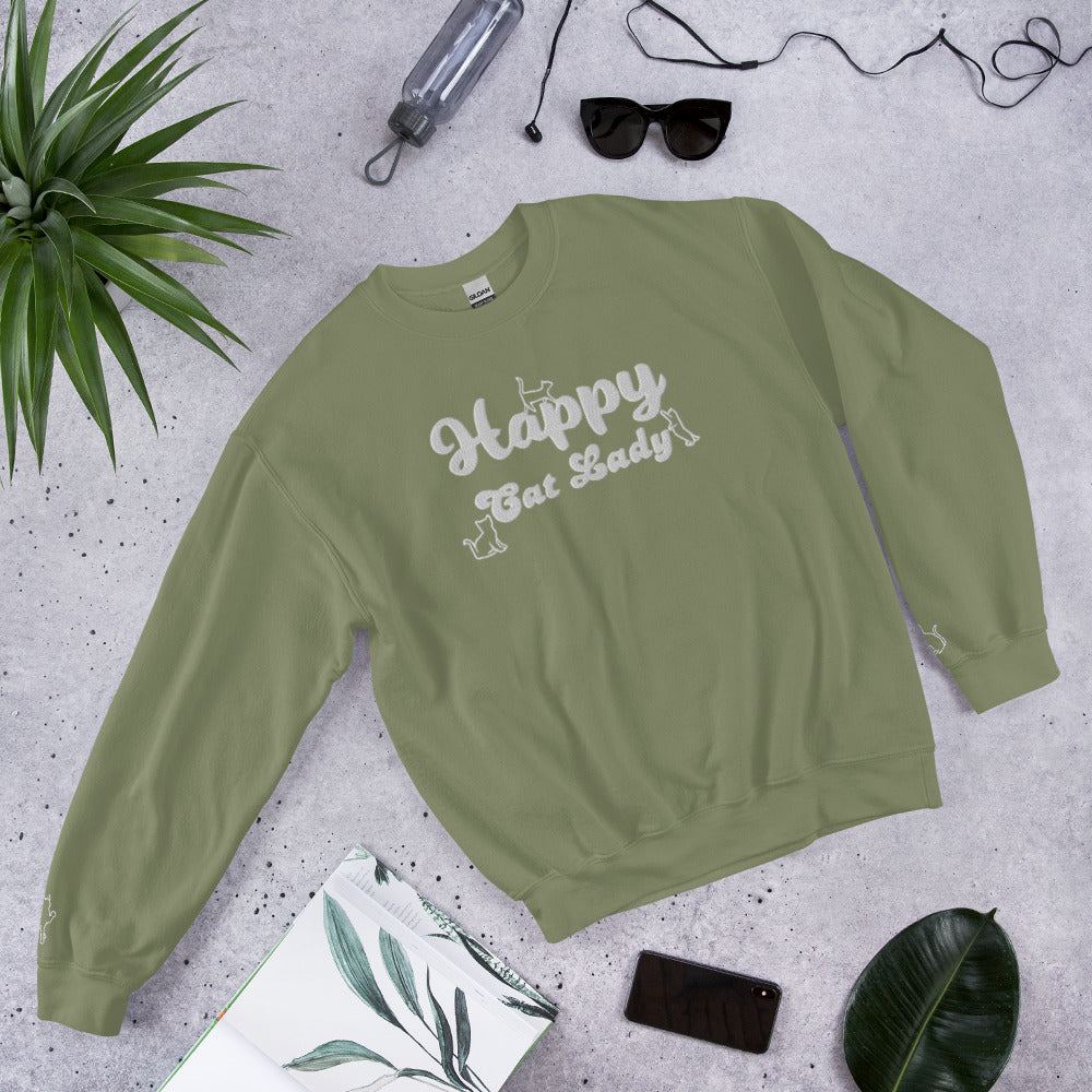 Happy Cat Lady Embroidered Sweatshirt - White Decals