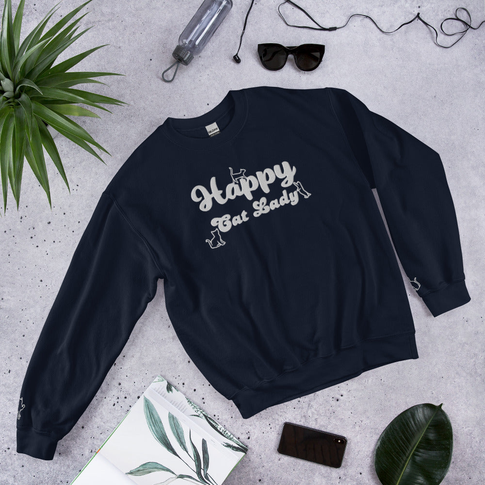 Happy Cat Lady Embroidered Sweatshirt - White Decals